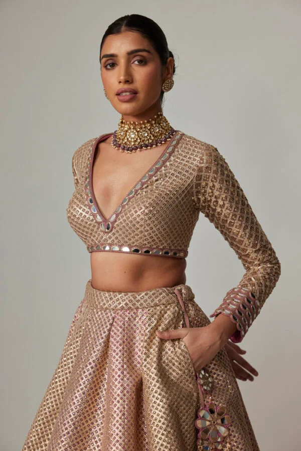 Deep Beige Multicolor Skirt With V Neck Full Sleeve Blouse - Image 4