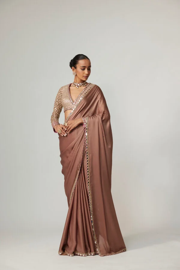 Deep Beige Satin Saree Set - Image 3