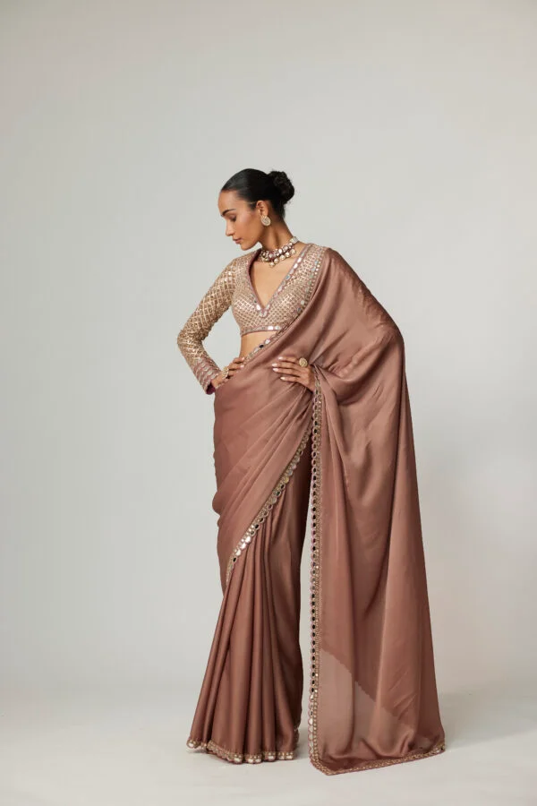 Deep Beige Satin Saree Set - Image 4