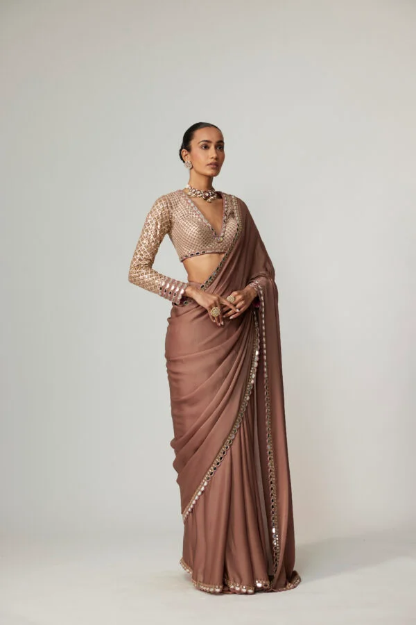 Deep Beige Satin Saree Set - Image 5