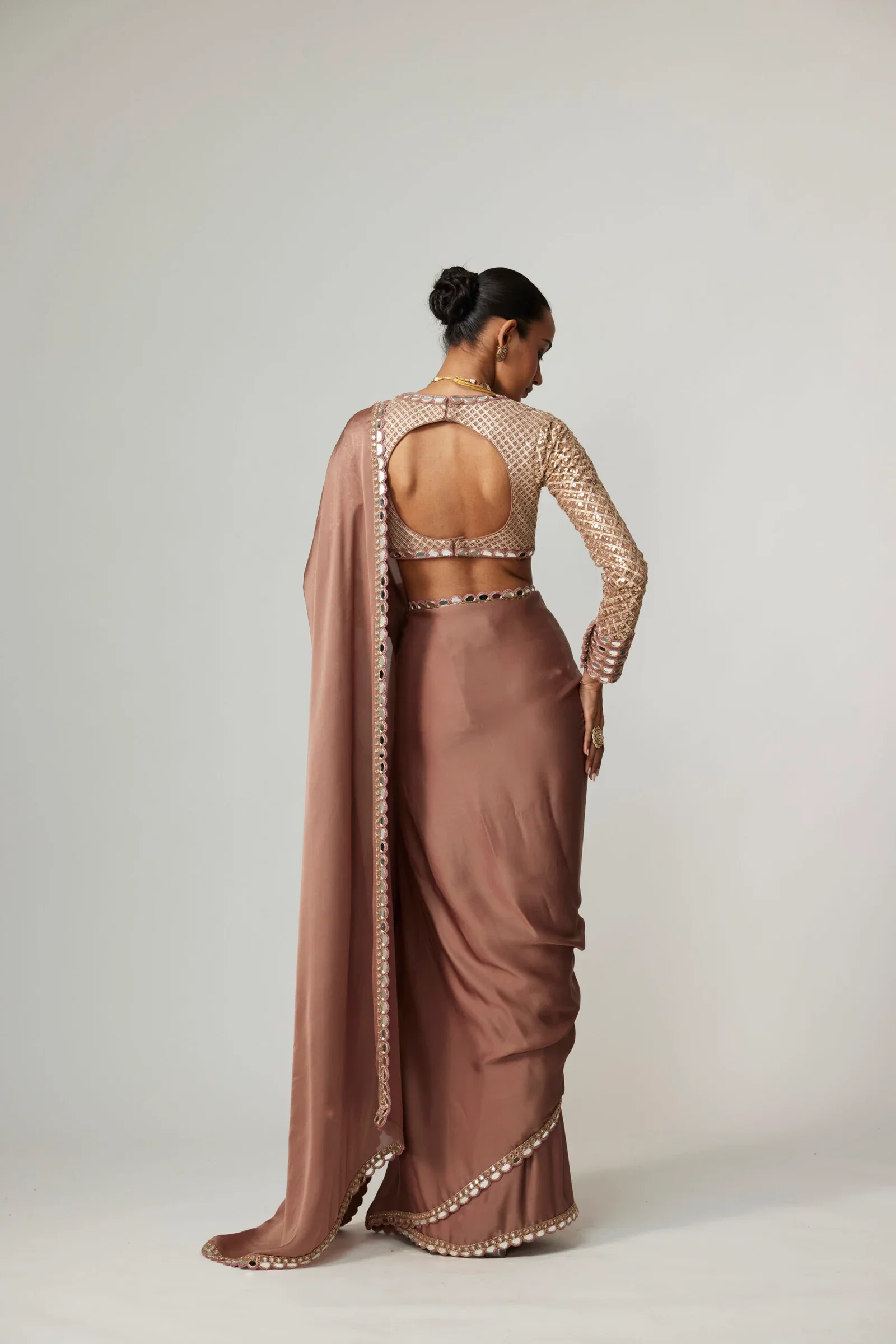 Deep Beige Satin Saree Set - Image 6