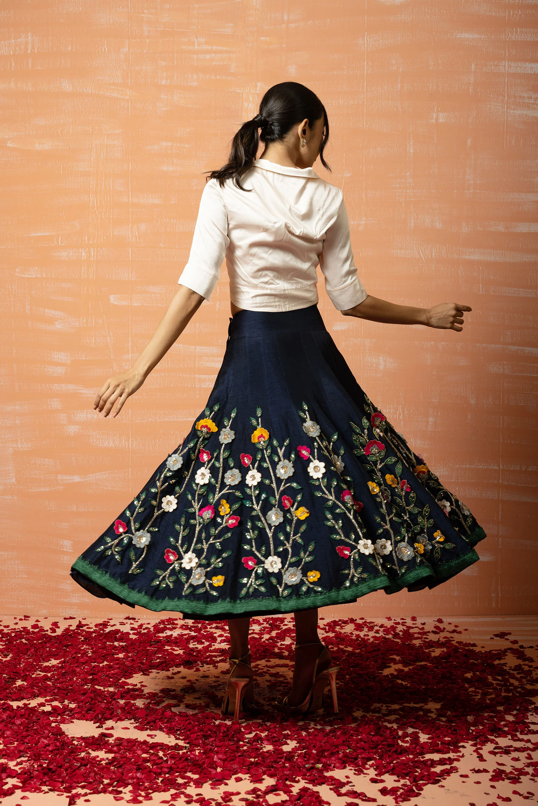Deep Blue Raw Silk Embroidered Lehenga Set - Image 2