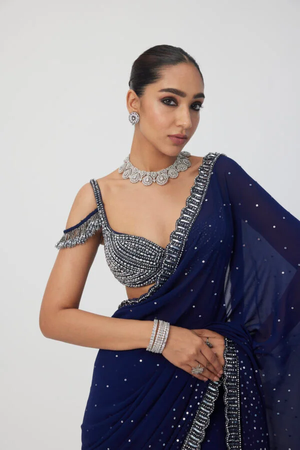 Deep Blue Sequins Scattered Saree Set - Image 3