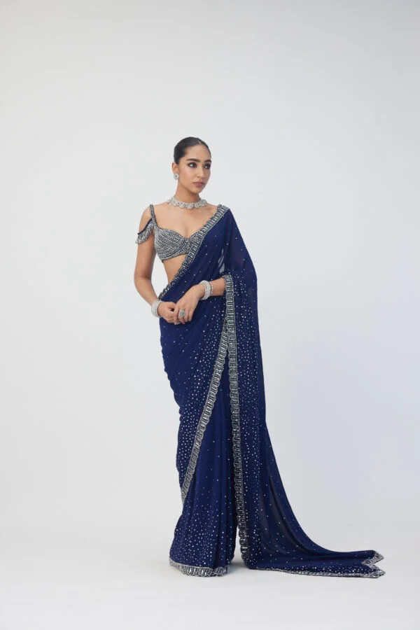 Deep Blue Sequins Scattered Saree Set - Image 4