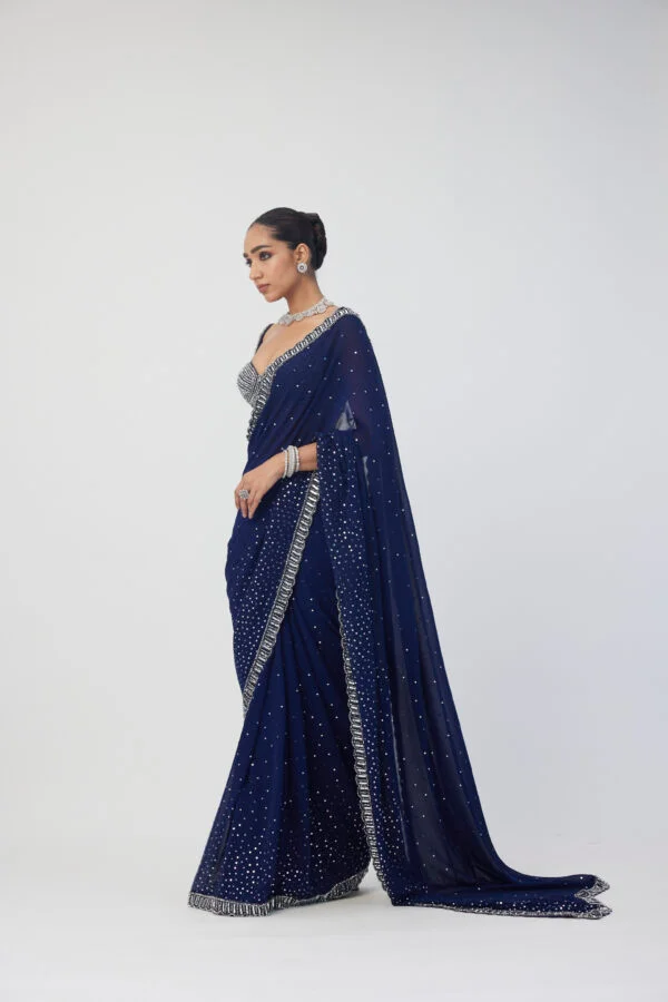 Deep Blue Sequins Scattered Saree Set - Image 5