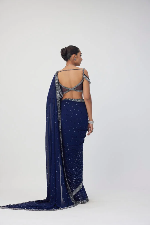 Deep Blue Sequins Scattered Saree Set - Image 6