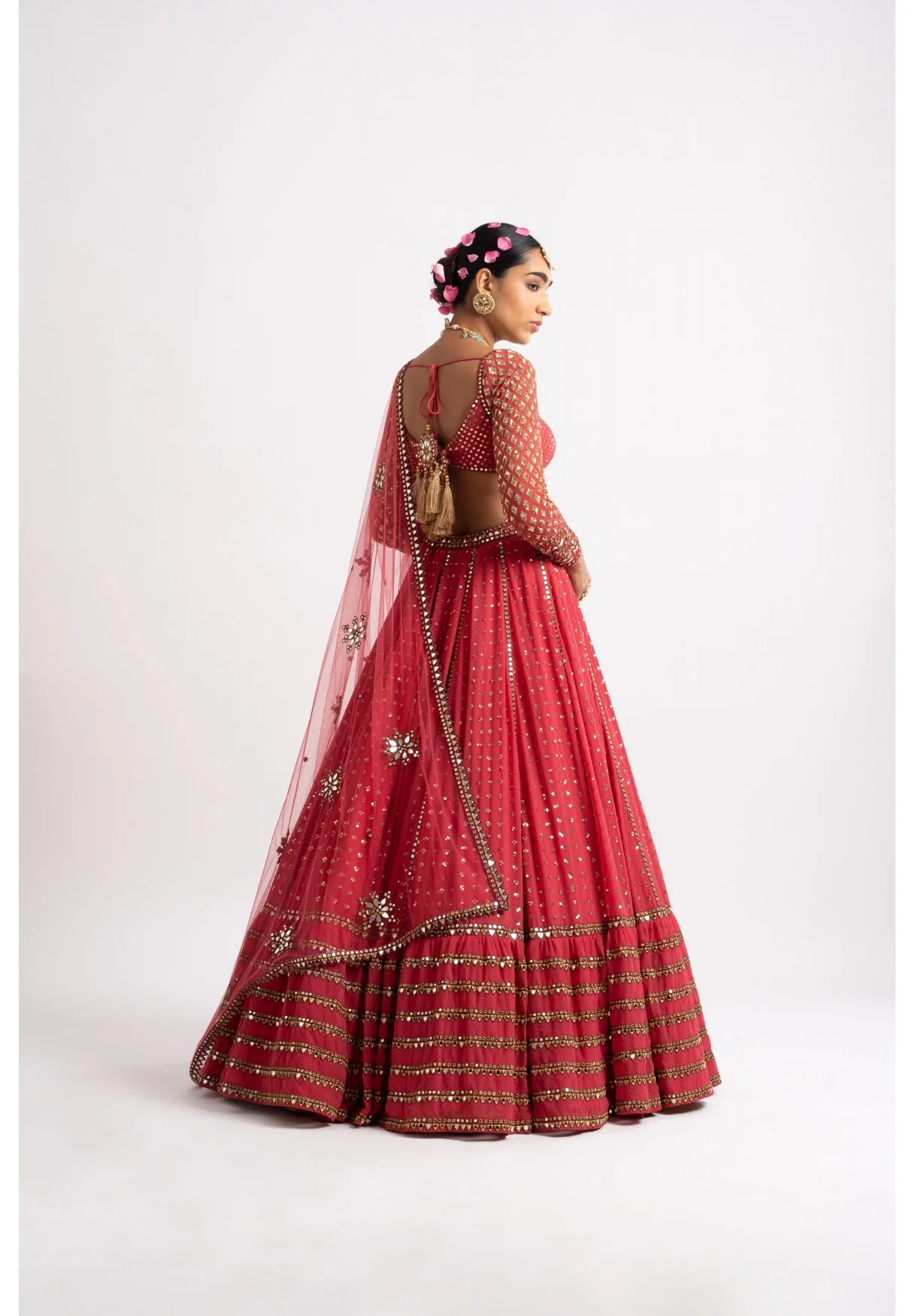 Deep Coral Single Tier Lehenga Set - Image 2