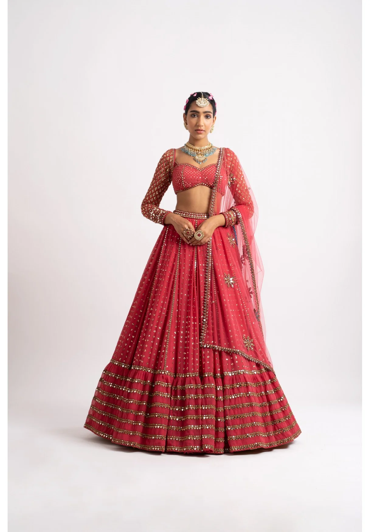 Deep Coral Single Tier Lehenga Set - Image 3