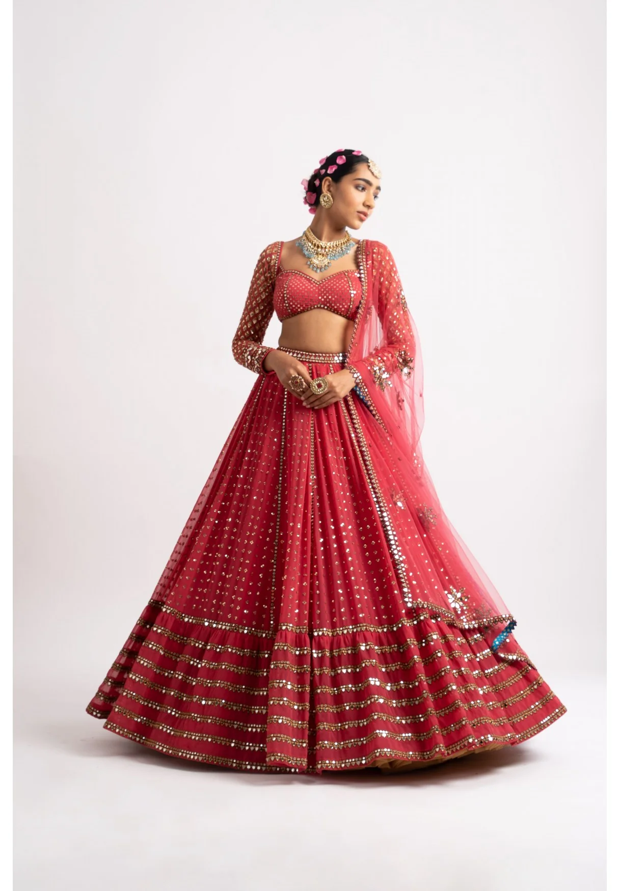Deep Coral Single Tier Lehenga Set - Image 4