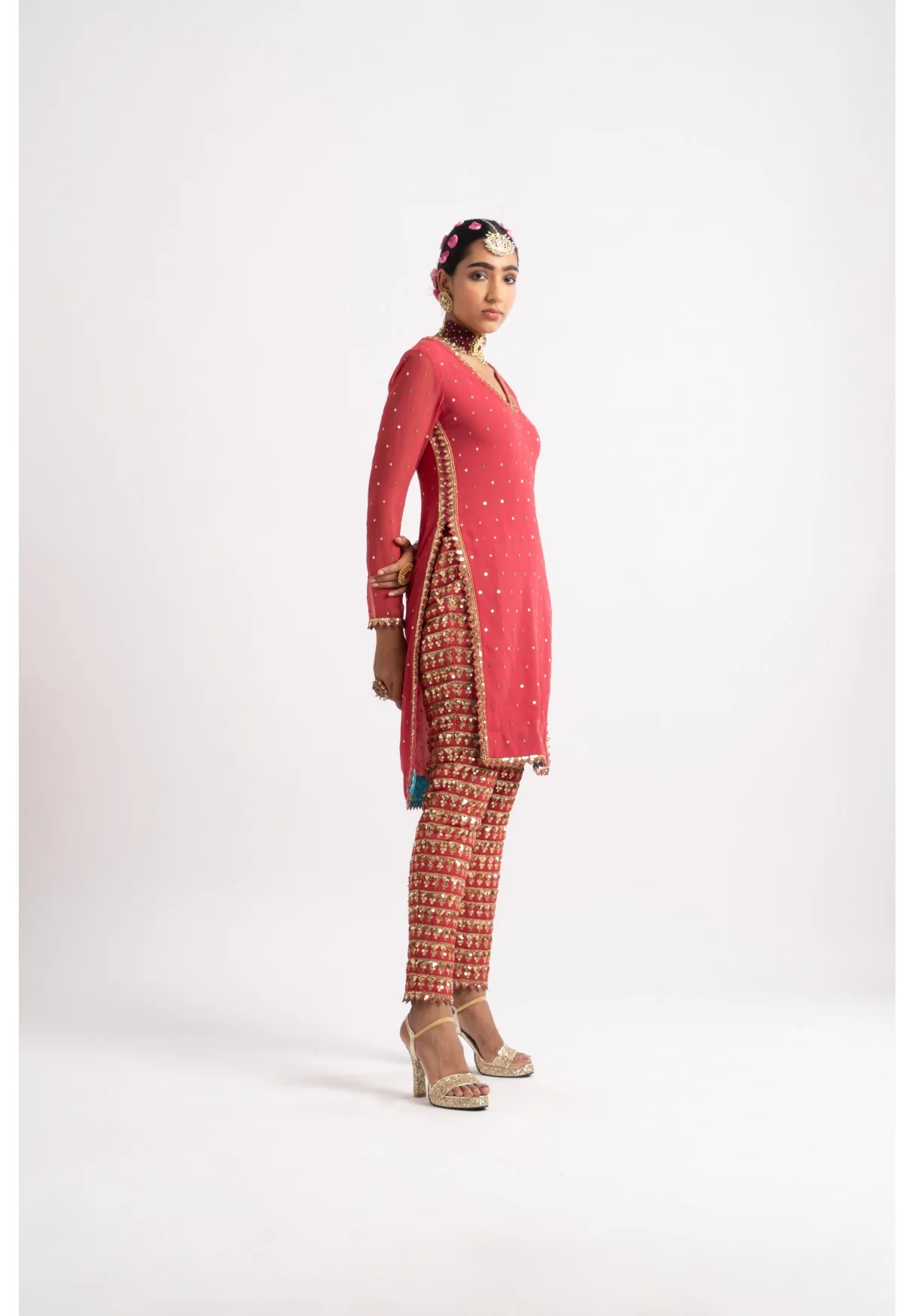 Deep Coral V Neck Heavy Pant Kurta Set - Image 3