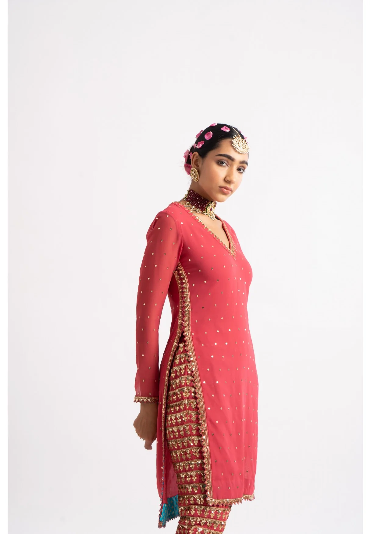 Deep Coral V Neck Heavy Pant Kurta Set - Image 4