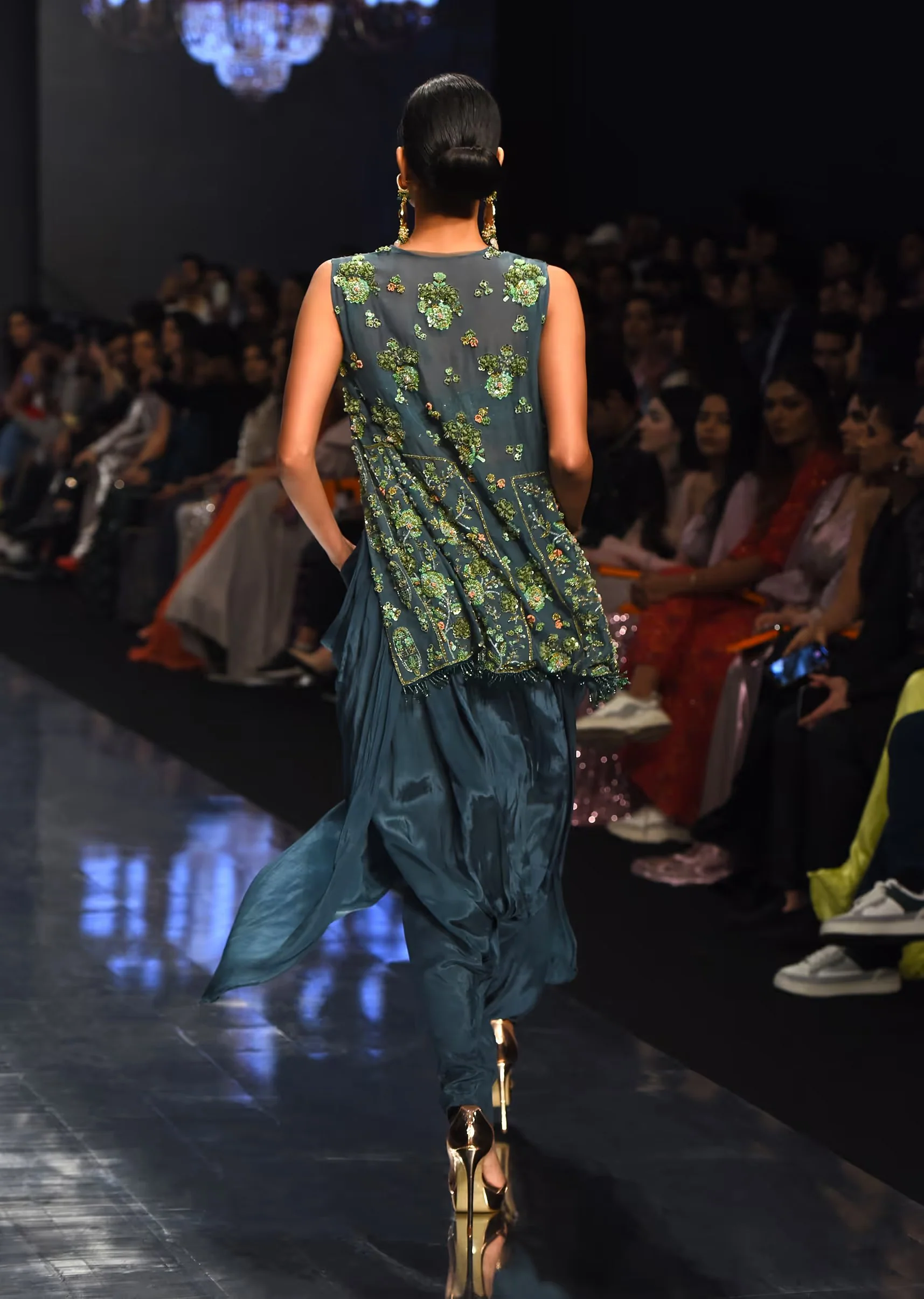 Deep Green Dhoti Bustier Set With Shrug In 3D Floral Embroidery - Image 2
