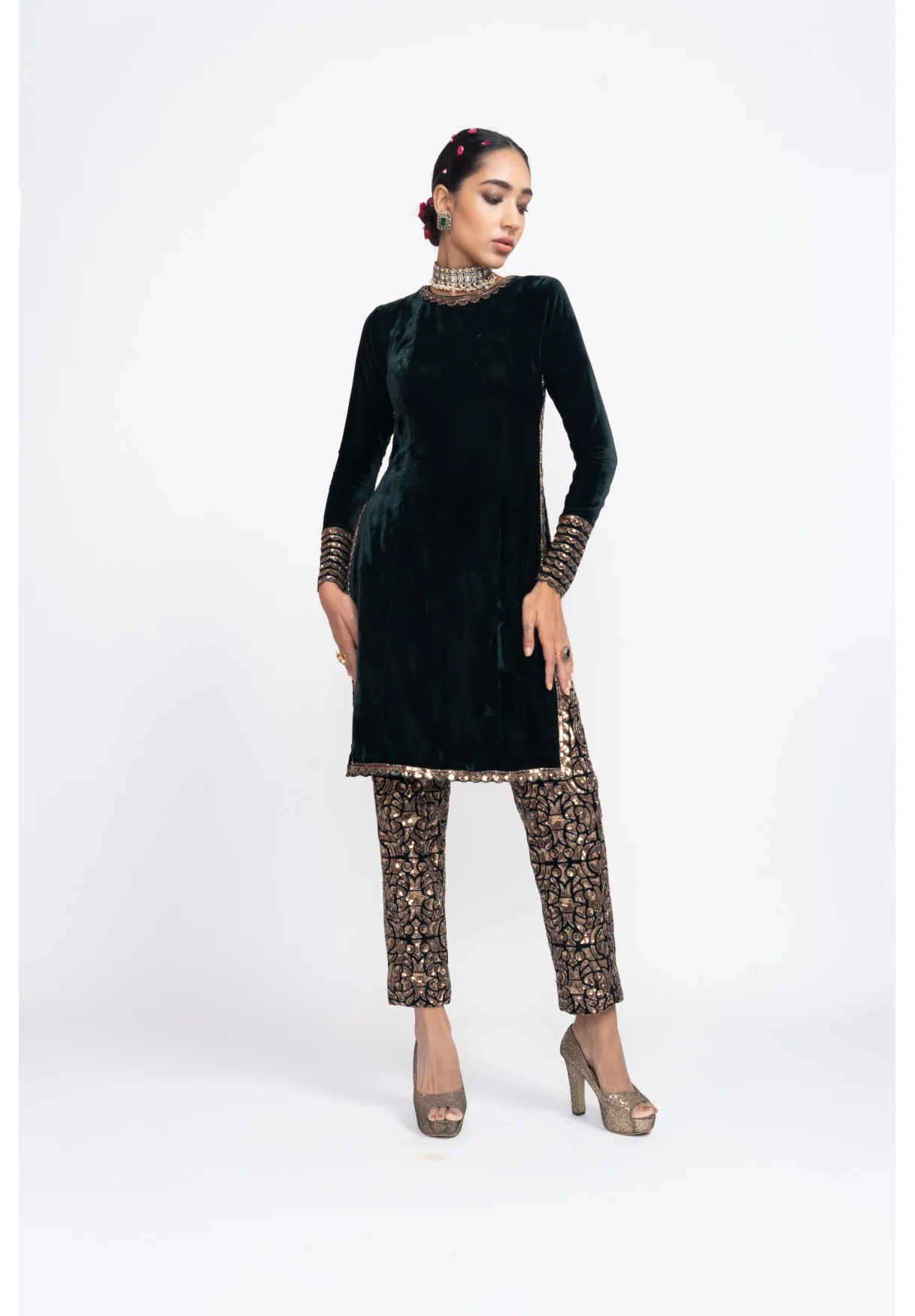 Deep Green Velvet Kurta Set