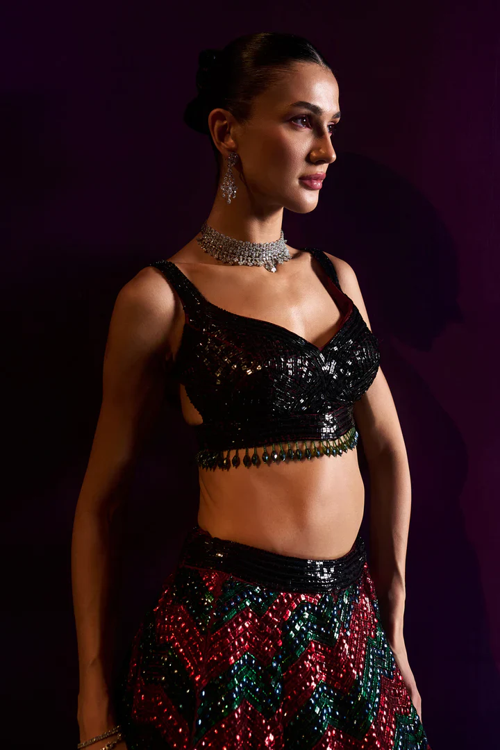 Deep Maroon Organza Lehenga Set - Image 2