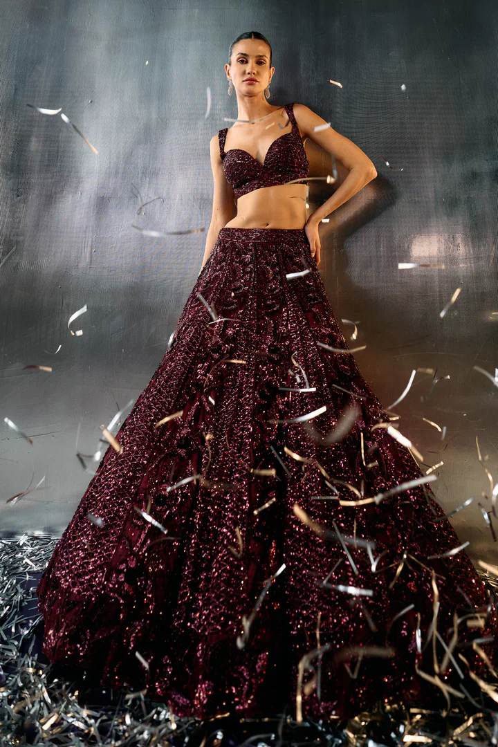 Deep Wine Net Lehenga Set