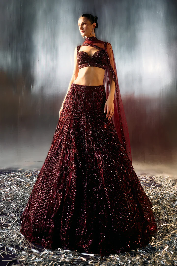Deep Wine Net Lehenga Set - Image 2