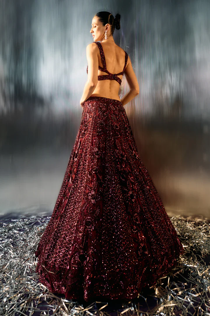 Deep Wine Net Lehenga Set - Image 5