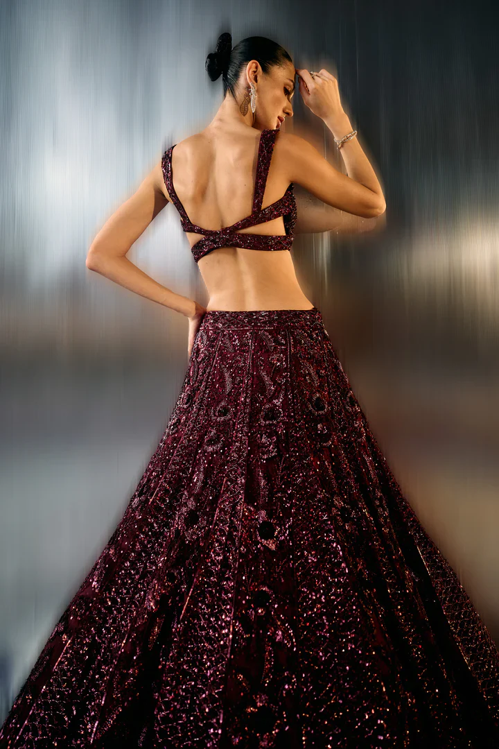 Deep Wine Net Lehenga Set - Image 6