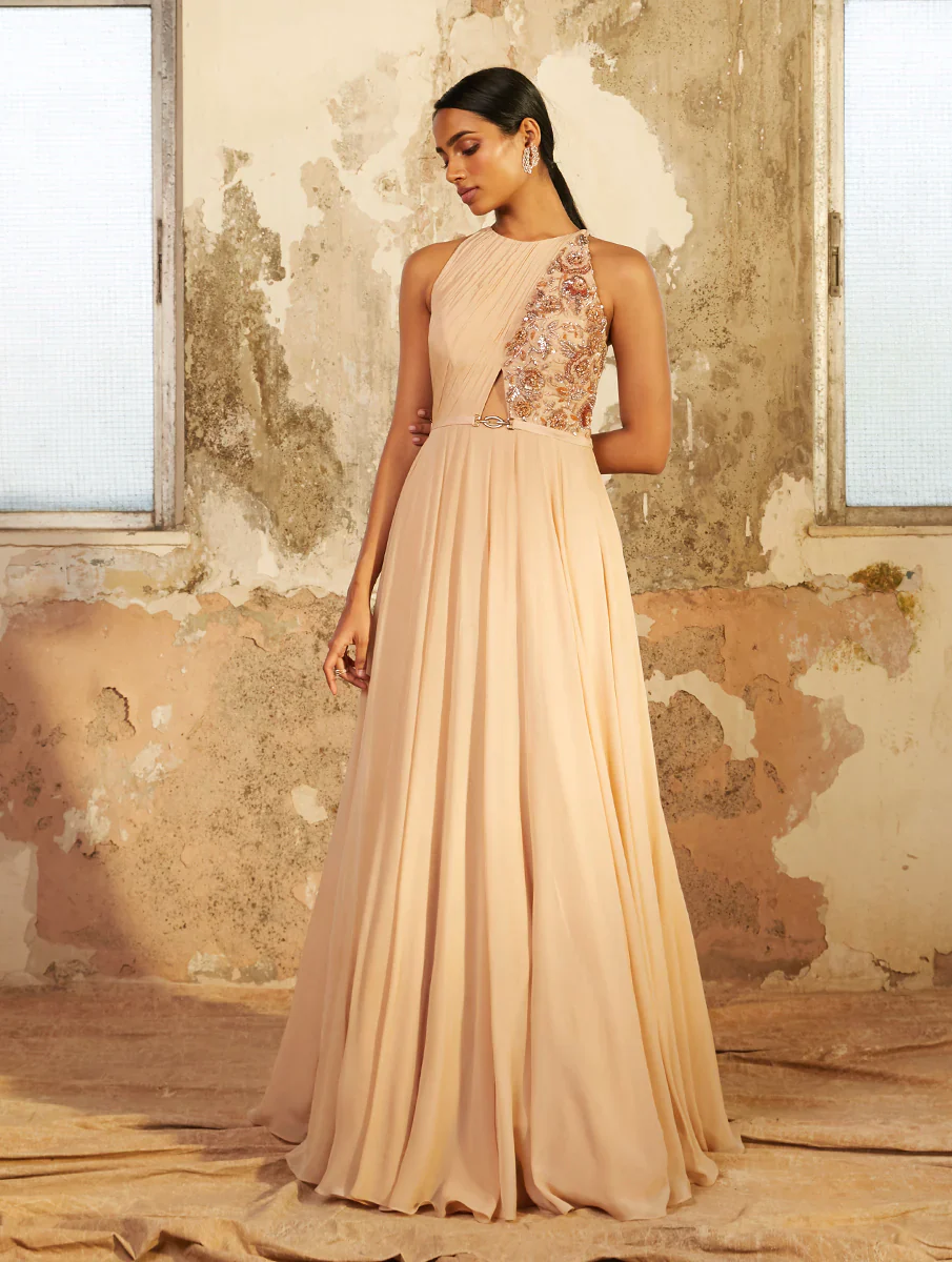 DEMI - Beige Crepe Gown