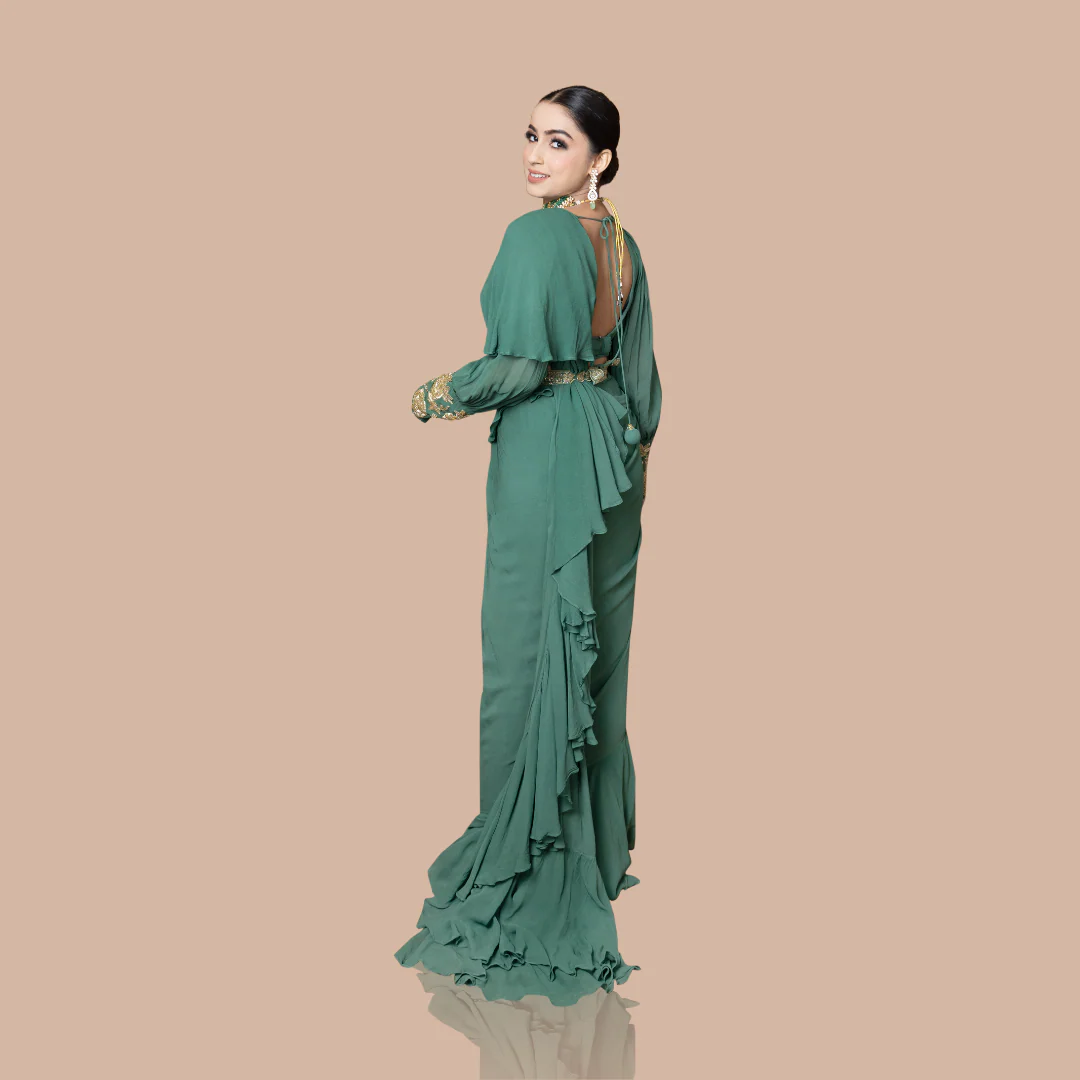 Drape Saree With Ruffles Paired With Blouse And Waist Belt - Image 3