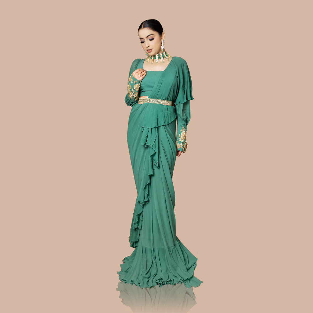 Drape Saree With Ruffles Paired With Blouse And Waist Belt - Image 4
