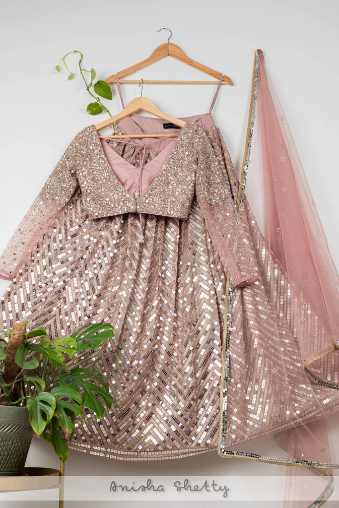 Dusky Rose Gold Sequin Lehenga Set - Image 3