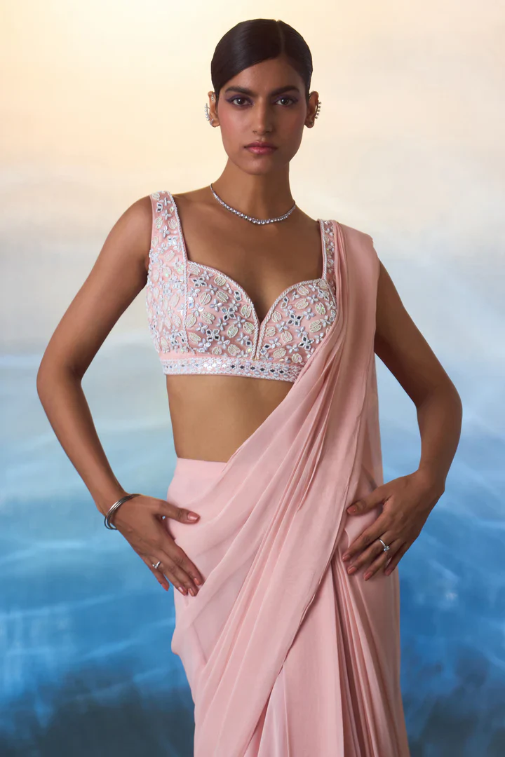 Dusty Peach Georgette Drape Saree - Image 3