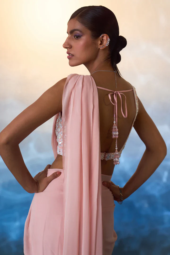 Dusty Peach Georgette Drape Saree - Image 6