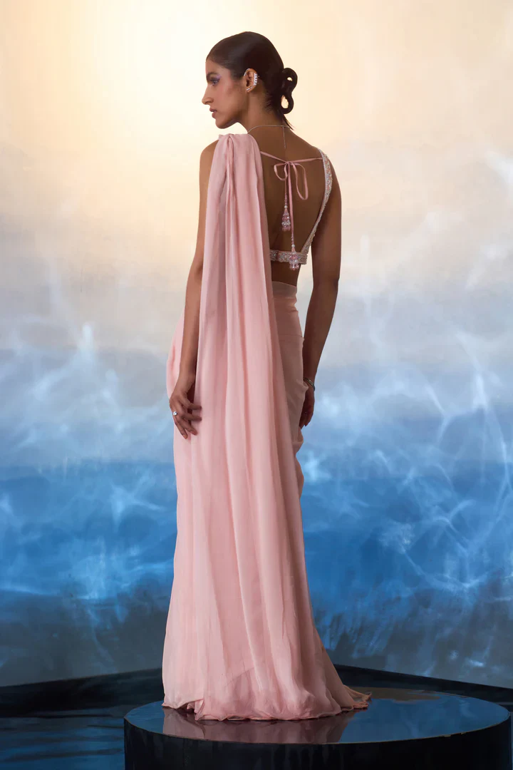 Dusty Peach Georgette Drape Saree - Image 8