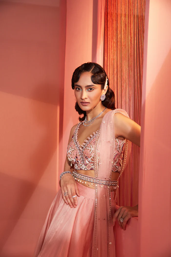 Dusty pink blouse and organza lehenga - Image 3