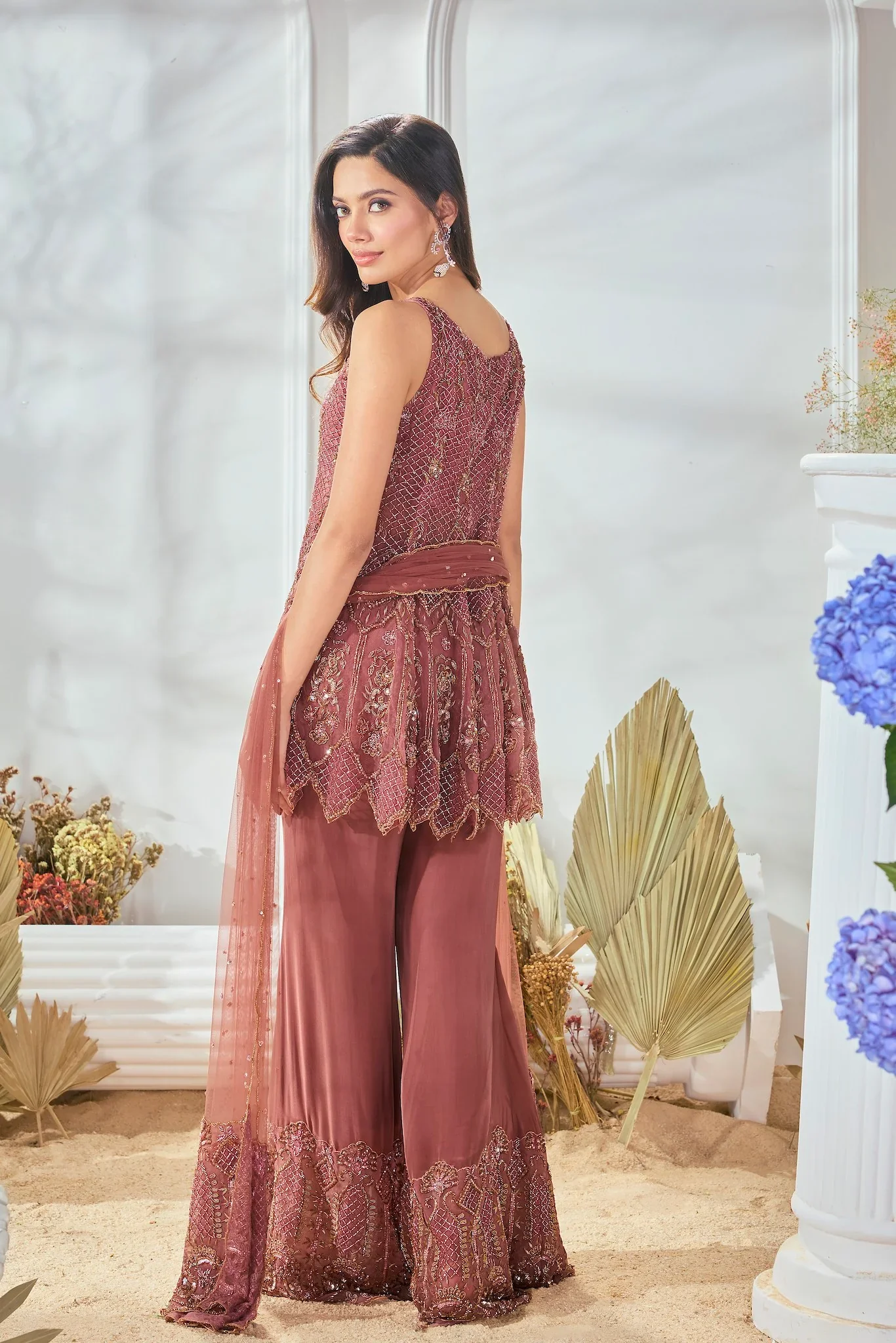 Dusty Pink Crystal Detailing Peplum Suit - Image 3