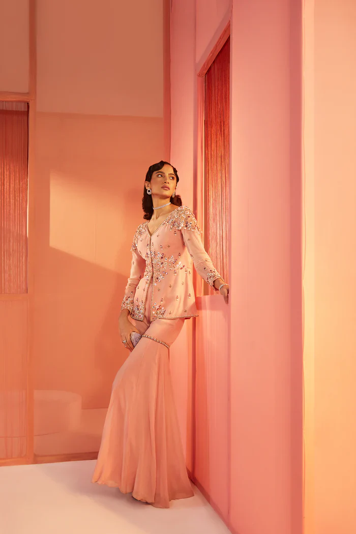 Dusty pink peplum and flared pants