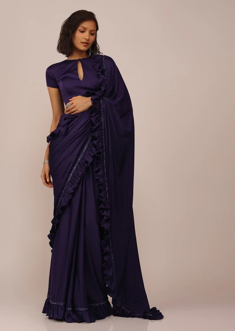 Eggplant Violet Saree With Fancy Sleeve Blouse In Satin - Image 4