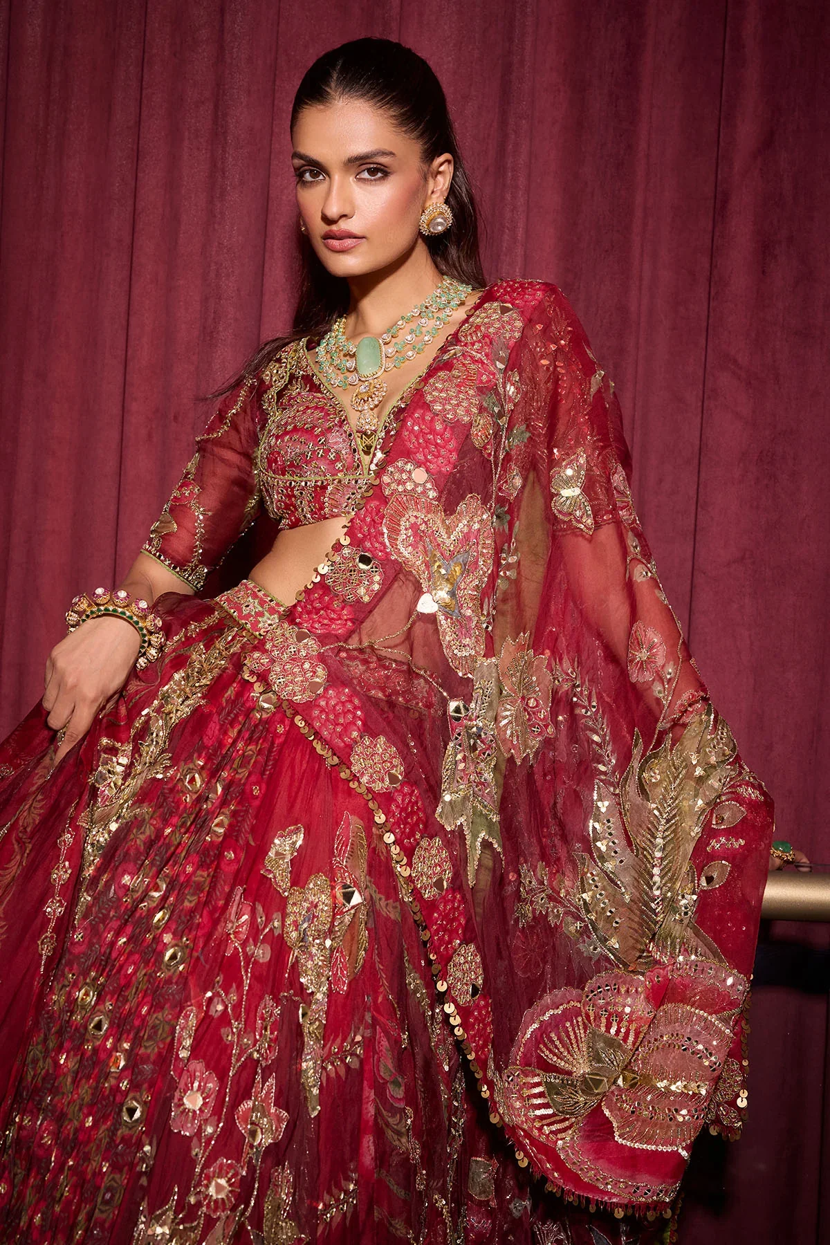 Ehlam with Veil - Hand Embroidered Bridal Lehenga Set - Image 4