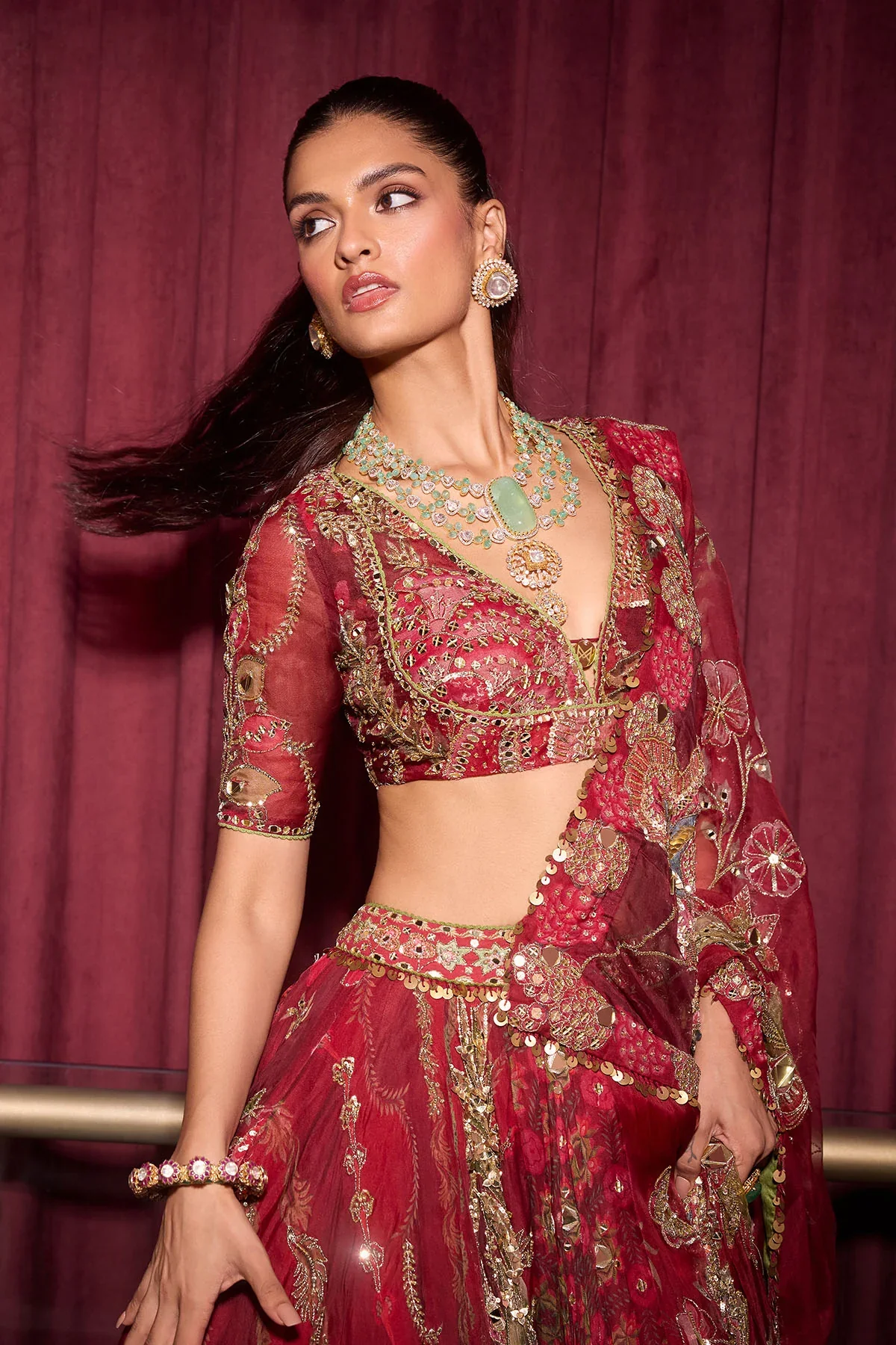 Ehlam with Veil - Hand Embroidered Bridal Lehenga Set - Image 5