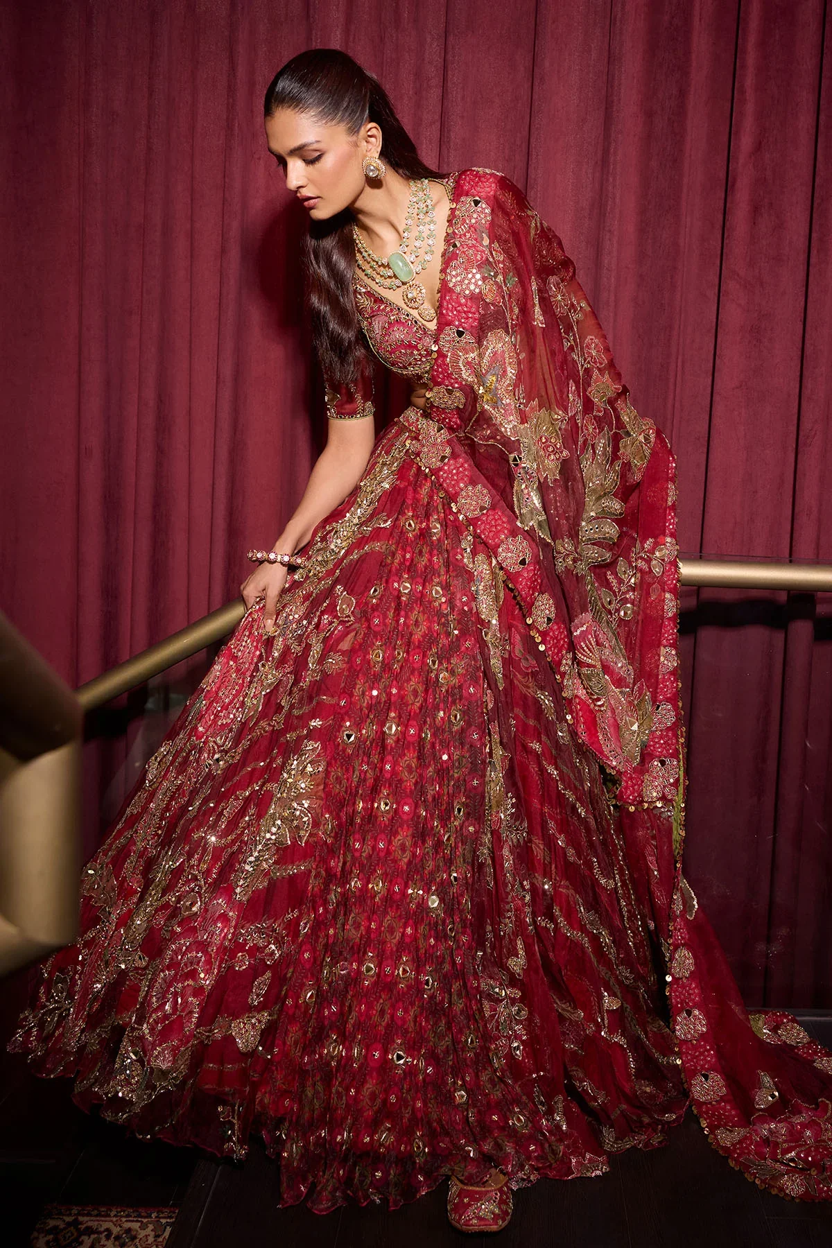 Ehlam with Veil - Hand Embroidered Bridal Lehenga Set - Image 6