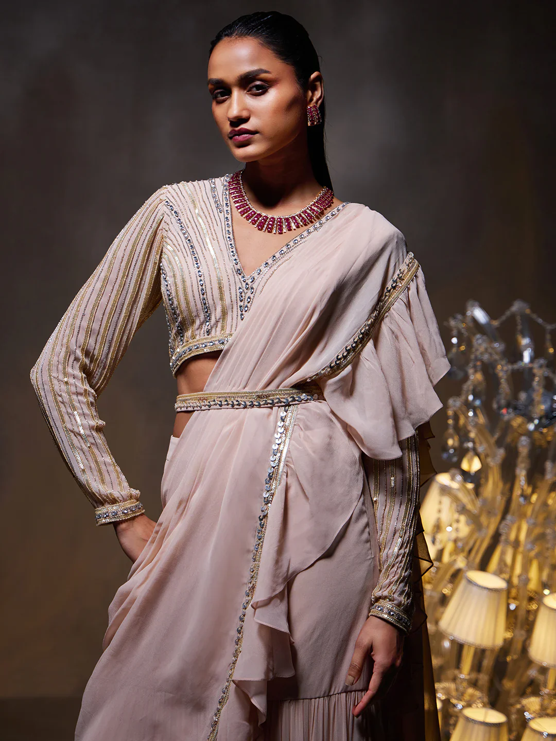 ELSA Saree Set - Beige - Image 2