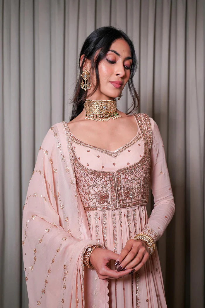 Embellished Jacket Blush Pink Anarkali Set - Image 2