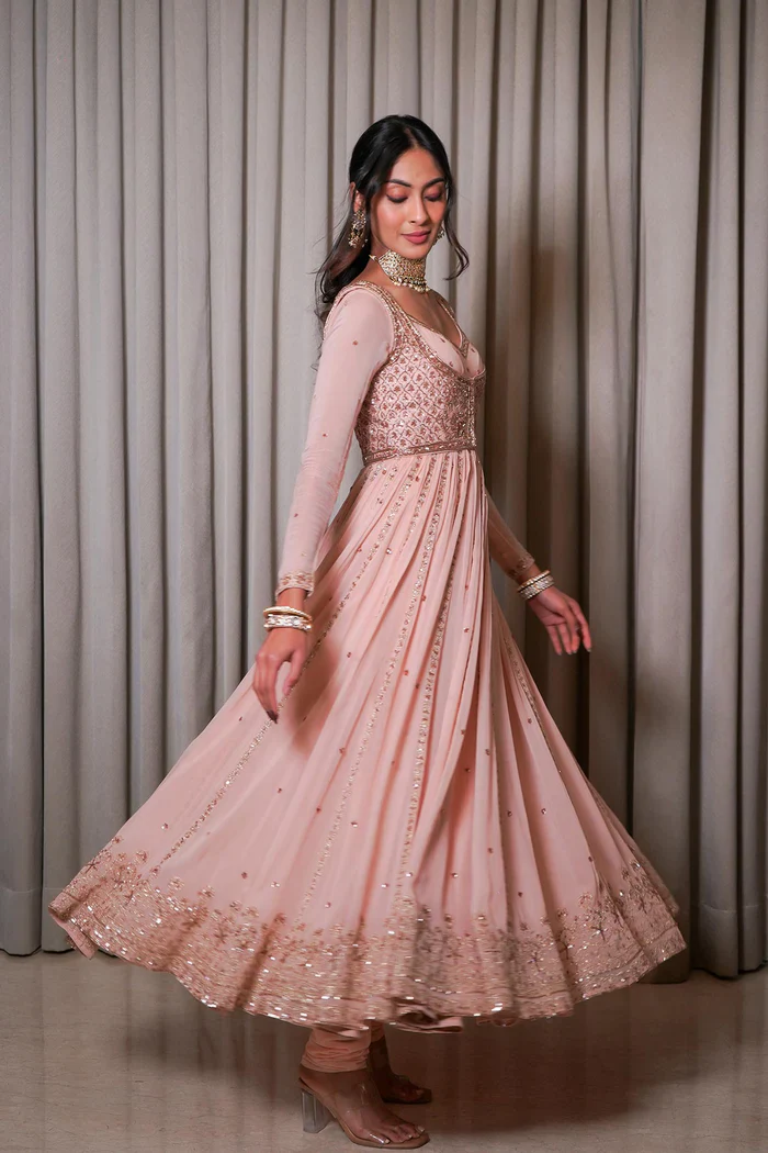 Embellished Jacket Blush Pink Anarkali Set - Image 3