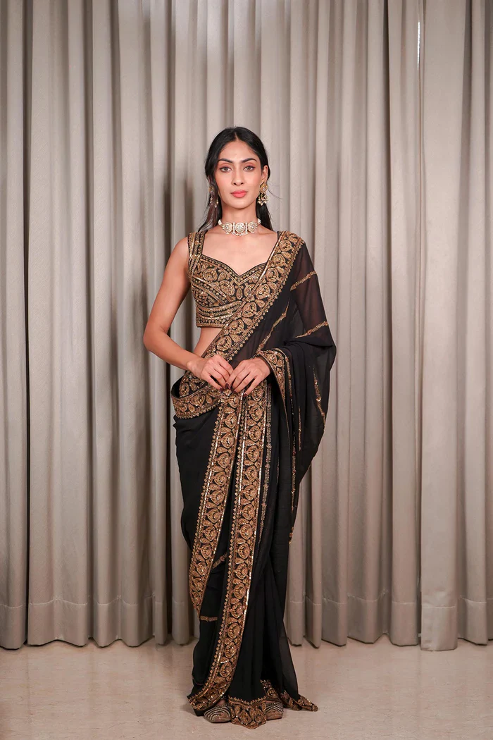 Embroidered Black Saree With Blouse