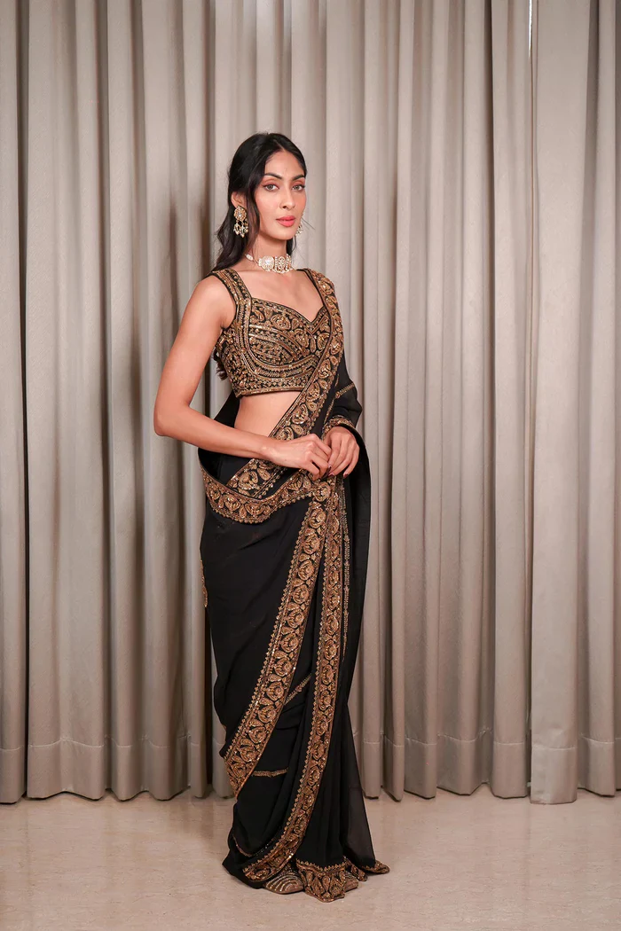 Embroidered Black Saree With Blouse - Image 5