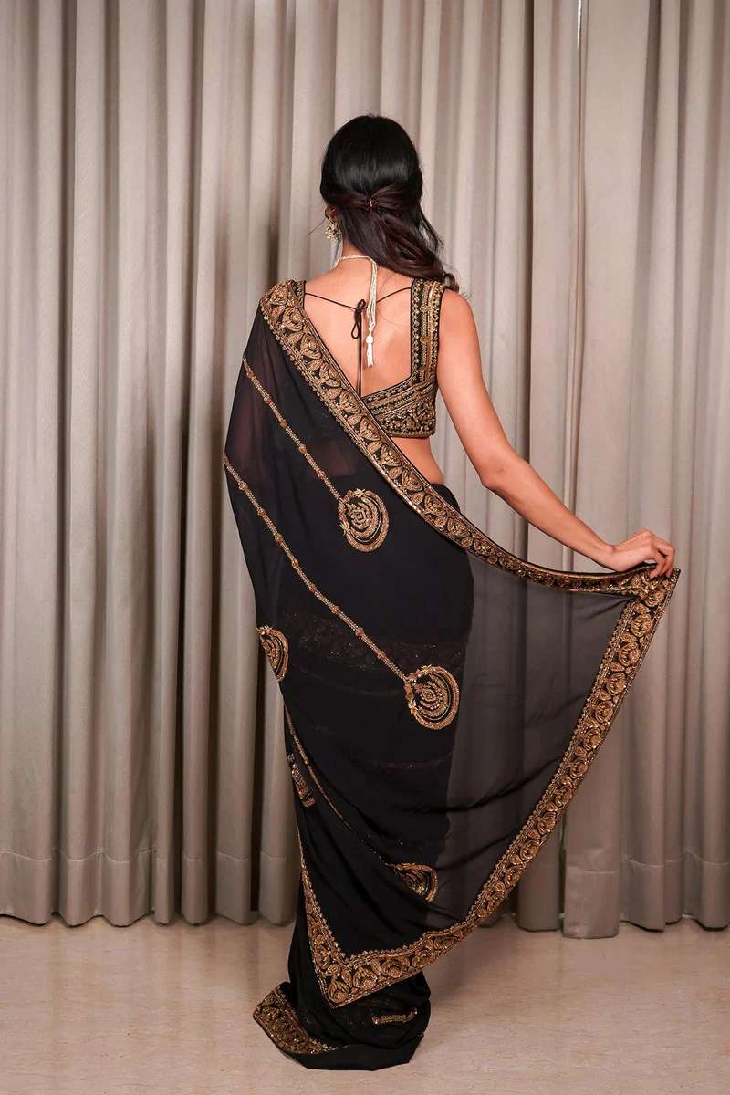Embroidered Black Saree With Blouse - Image 6