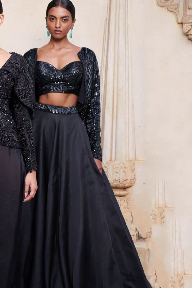 Embroidered Black Sequins Skirt Set - Image 2
