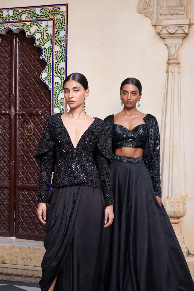 Embroidered Black Sequins Skirt Set - Image 3