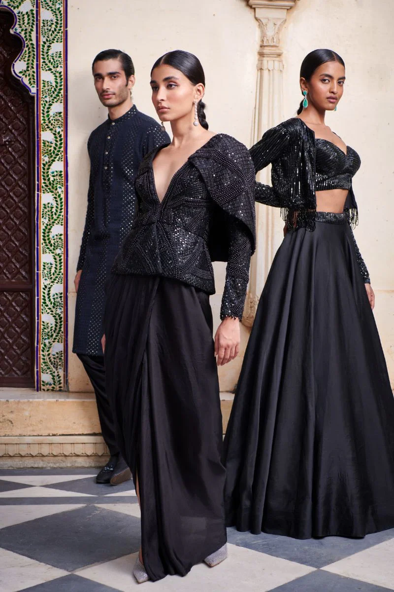 Embroidered Black Sequins Skirt Set - Image 4