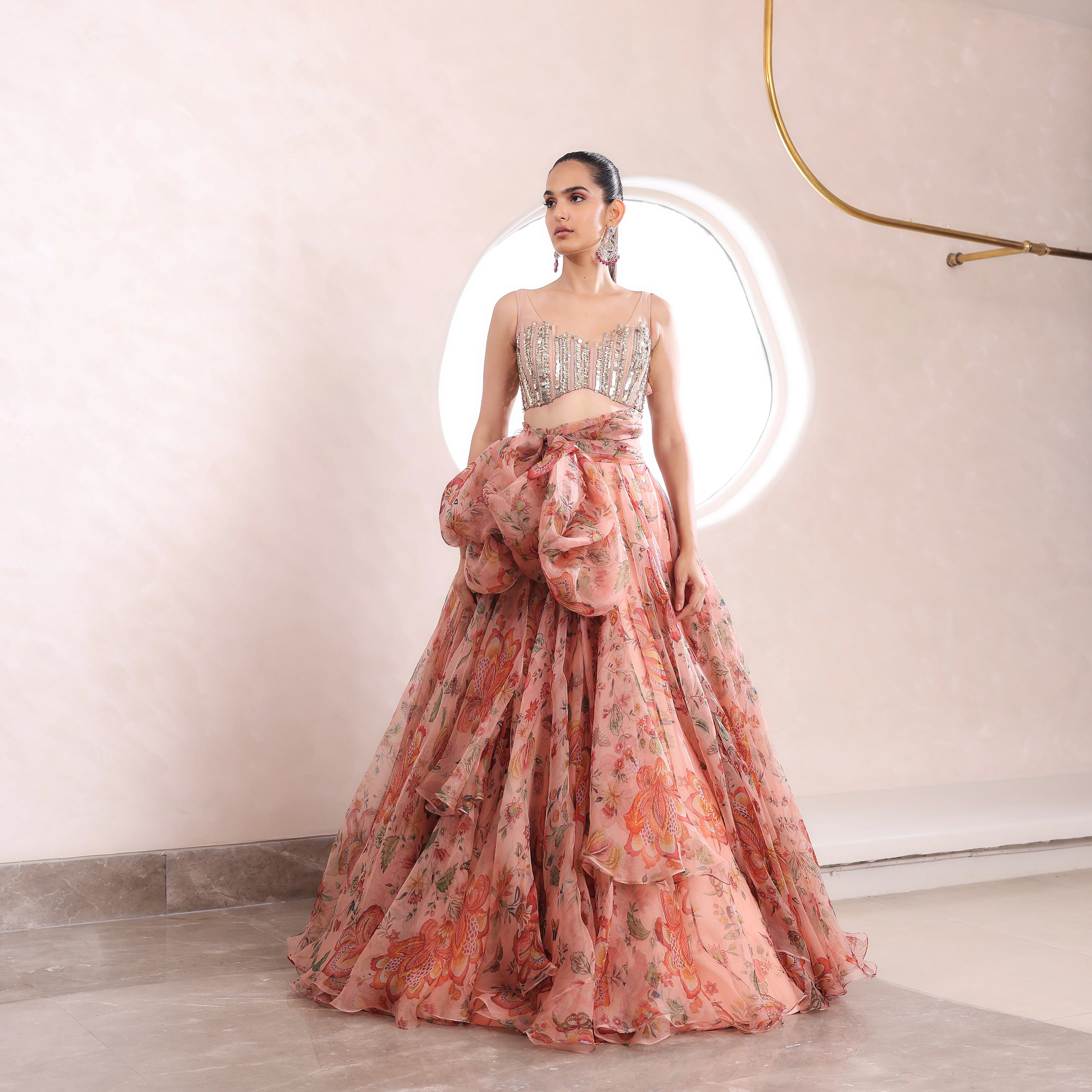 ARNI - Embroidered Blouse With Printed Bow Lehenga