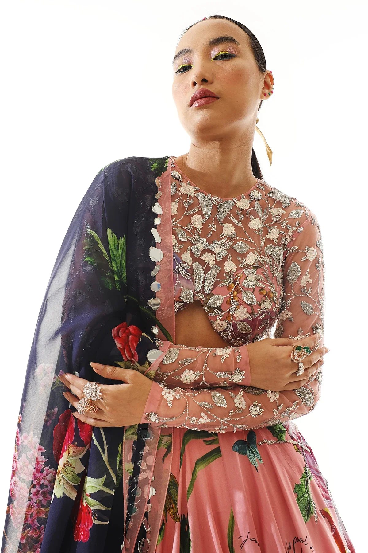 Embroidered Blouse With Printed Lehenga And Dupatta - Image 4