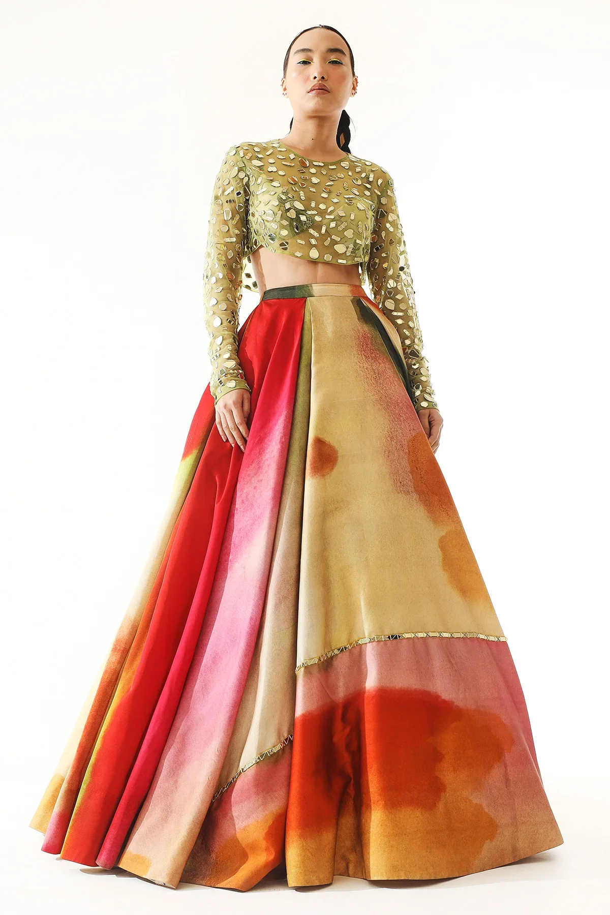 Embroidered Blouse With Printed Organza Satin Lehenga - Image 2