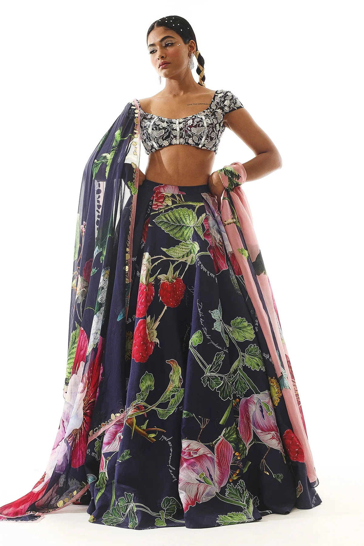 Embroidered Blouse With Printed Organza Satin Lehenga And Dupatta