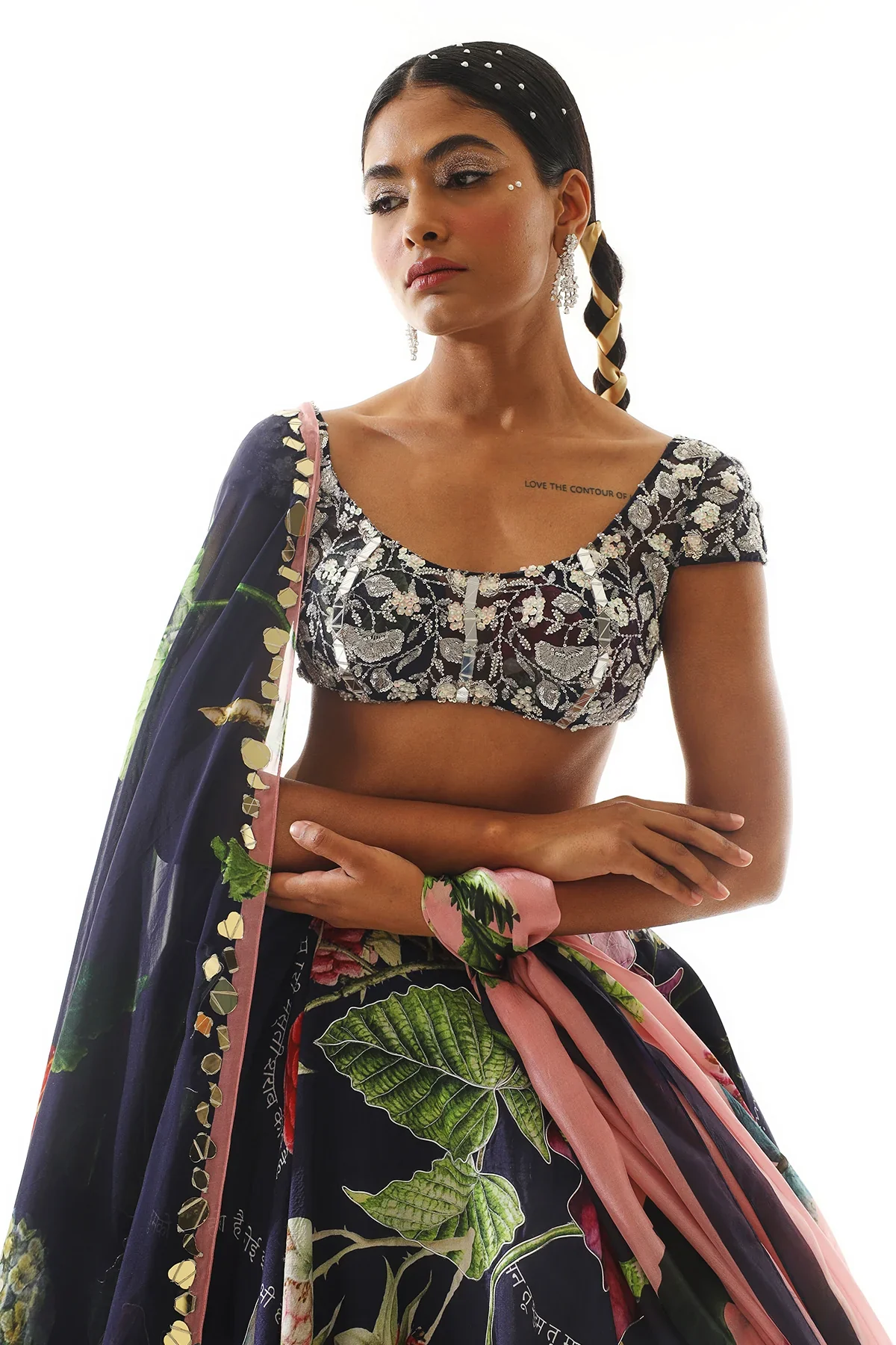 Embroidered Blouse With Printed Organza Satin Lehenga And Dupatta - Image 3